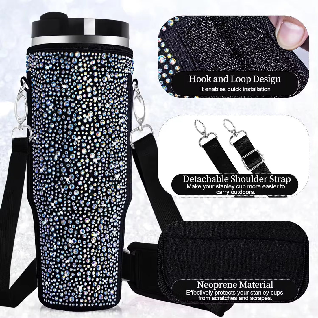 40 Oz Shiny Water Bottle Set with Adjustable Strap and Pearlescent Handbag