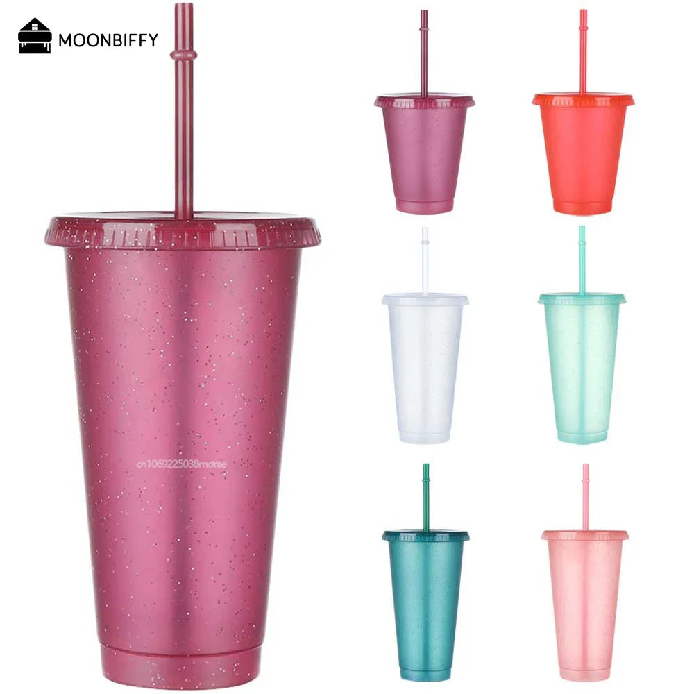 Reusable Straw Cup Sequined Glitter Cup Coffee Juice Straw Mug Simple Cute Plastic Bottom Party Powder Shiny Cup Home Supplies