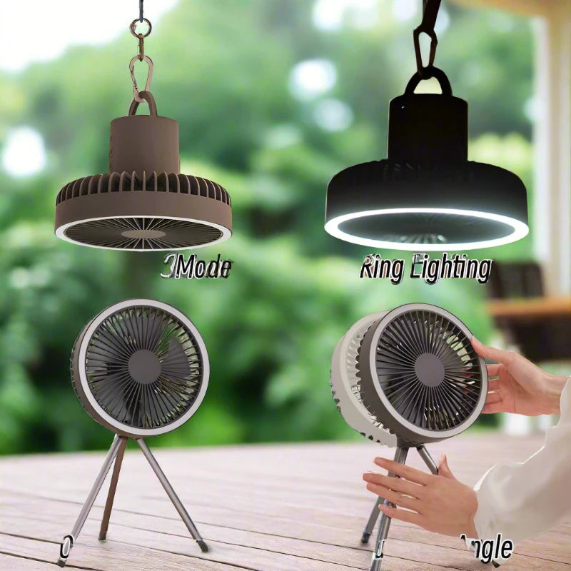 10000mAh Portable Rechargeable Fan with LED and Power Bank for Camping and Desktop