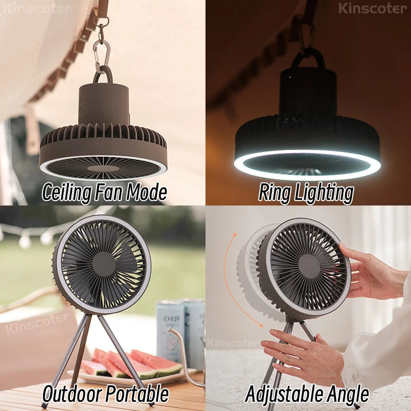 10000mAh Rechargeable Portable Fan with LED Light and Power Bank for Camping and Desktop Use